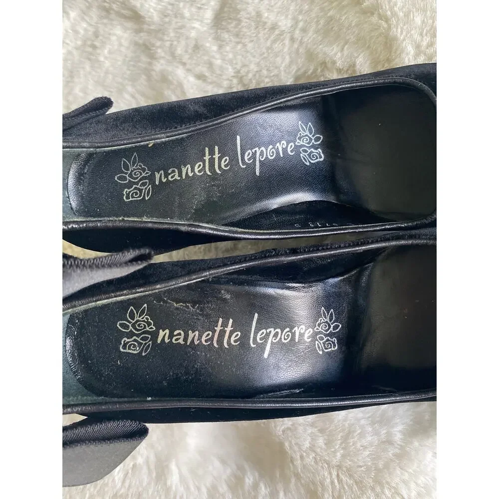Nannette Lapore Peep Toe Ribbon Bow Tie Black Velvet Heels Sz‎ 8